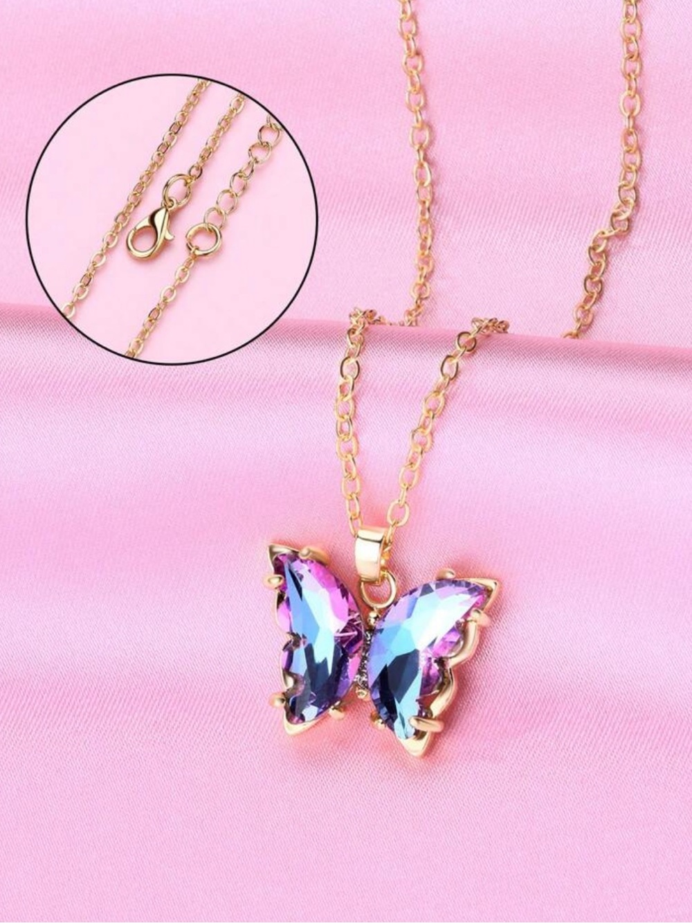 Gold Butterfly Pendant Necklace with Iridescent Purple-Blue Stones